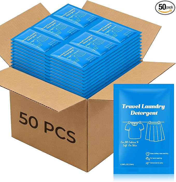 50 Pack Travel Laundry Detergent Bulk, Portable Single Use Liquid Laundry Soap, Verbena Scented, 20ml Mini Individual Pack TSA Approved Travel Size for Traveler, Cruise, Hostel & Camping Essentials