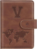 Passport Holder Wallet Cover Personalized Letter A-Z Travel Wallet RFID Blocking Passport Cover Wallet Case for Travel Passport Book Holders for Women and Men, Brown-V