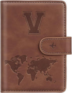 Passport Holder Wallet Cover Personalized Letter A-Z Travel Wallet RFID Blocking Passport Cover Wallet Case for Travel Passport Book Holders for Women and Men, Brown-V