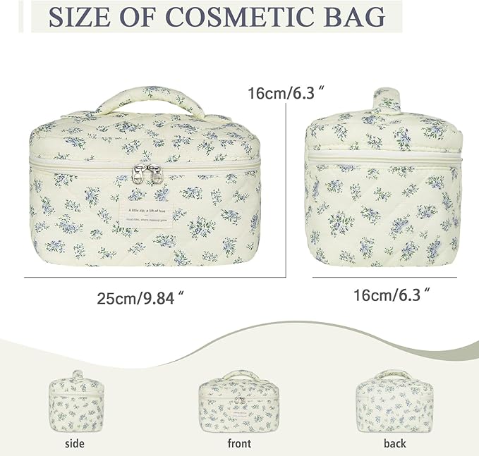 Gosect Large Travel Quilted Makeup Bag for Women,Big Floral Cotton Cosmetic Bag, Cute Coquette Aesthetic Floral Toiletry Organizer Bag (Blue Flower)