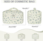 Gosect Large Travel Quilted Makeup Bag for Women,Big Floral Cotton Cosmetic Bag, Cute Coquette Aesthetic Floral Toiletry Organizer Bag (Blue Flower)