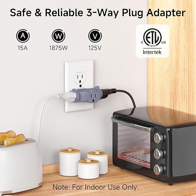 [ETL Listed] Cable Matters 3-Pack 3 Way Plug Adapter 15A 1875W, 3 Prong 3 Outlet Adapter, Power Splitter Plug Outlet, 3 Way Electrical Splitter, Multicolored (White, Gray, Orange)
