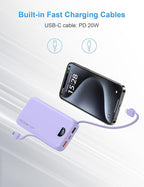 Portable Charger with Wall Plug, 10000mAh USB C Power Bank Fast Charging, External Battery Pack with Built in Cables, Digital Display, 5 Output 4 Input for iPhone Android Cell Phone Tablet
