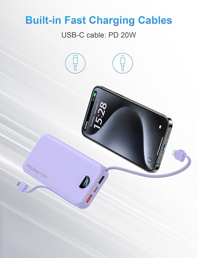 Portable Charger with Wall Plug, 10000mAh USB C Power Bank Fast Charging, External Battery Pack with Built in Cables, Digital Display, 5 Output 4 Input for iPhone Android Cell Phone Tablet
