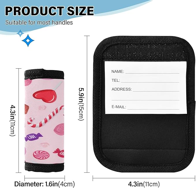 4 Pack Valentines Candy Luggage Handle Wrap, Detachable Luggage Tag, Neoprene Suitcase Wrap with Comfort Grip & Bright Identifier for Suitcase, Travel Bag, Sports Bag