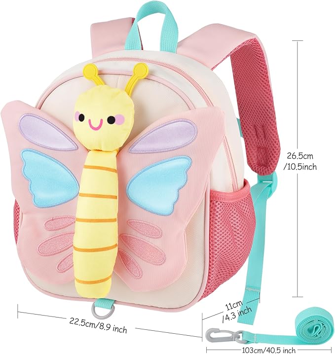 GAGAKU Kids Backpack with Leash for Girls Age 2-4, Cute 3D Butterfly Preschool Backpack, Lightweight Nylon Toddler Backpack for Kindergarten Travel School