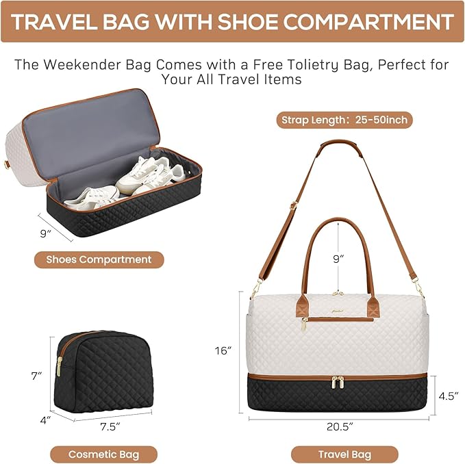 Travel Weekender Duffle Bags for Women - Duffel Bag with Shoe Compartment Carry On Overnight Bag with Toiletry Bag with Wet Pocket for Gym Hospital Bags for Labor and Delivery Black White Brown