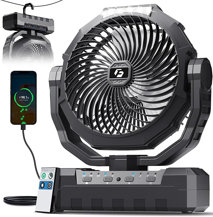 FRIZCOL 3-in-1 Camping Fan - Portable Fans Rechargeable - 48000mAh Battery Powered Fan with Light & Remote for Indoor, Outdoor, Tent, Travel, Fishing, Jobsite, Gifts for Men Dad Him - Black