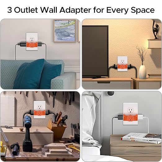 3-Pack 3 Way Plug Adapter, ETL Listed 3 Outlet Grounded Wall Outlet Splitter, 3 Prong Multi Outlet Adapter, 15A 125V 1875W, Power Splitter for Home, Office or Travel, Orange.