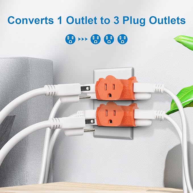 EXTRASTAR 3 Outlet Extender, Heavy Duty Grounded Wall Tab, T-Shaped Adapter Spaced, Electrical Multi-Outlet with 3 Prong, 3 Way Plug, ETL Listed Power Splitter for Home Office - Orange(4 Pack)