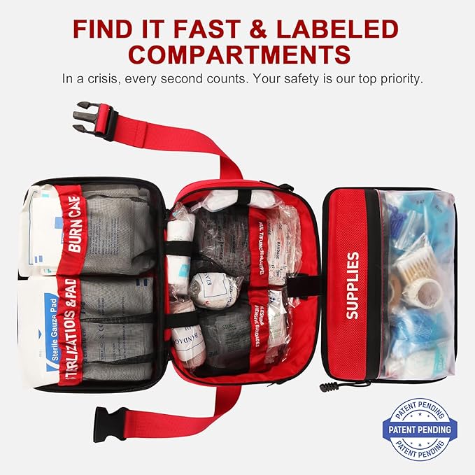 516 Piece First Aid Kit for Car, Travel & Home, FSA Eligible HSA Items - Large Professional Waterproof Compact Labeled Emergency Kit with Molle Shoulder Strap for Camping, Hiking & Survival