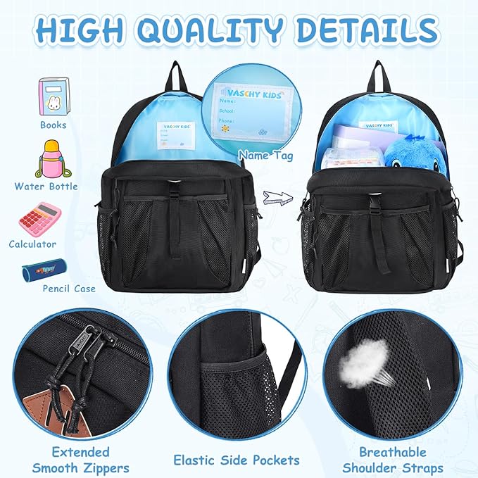 VASCHY Kids Backpack Lunch Bag Set, 2-1 School Bookbag Insulated Lunch Box for Toddlers,Preschool,Daycare,Kindergarten,Elementary School Black