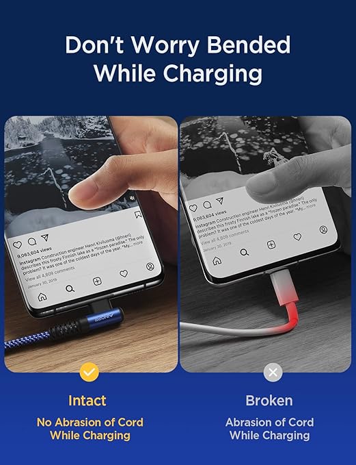 AINOPE USB C Cable 3ft Right Angle, 2-Pack USB to USB C Cable 3ft 3.1A Fast Charging Nylon Braided USB A to USB C Cable Blue Accessories Fit for Galaxy S20 S10 S9 S8 Plus,V30,V20,G6