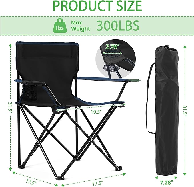 2 Pack Lightweight Folding Camping Chairs, Outdoor Lawn Beach Chair with Cup Holder & Carry Bag for Travel, Fishing, Picnic, Backyard, Hiking (Black, Medium)