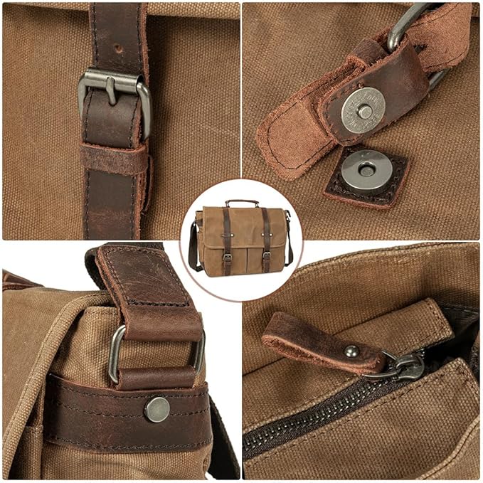 Vintage Genuine Leather Waxed Canvas Briefcase Large Satchel Shoulder Bag Rugged Computer 15.6" Laptop Bag