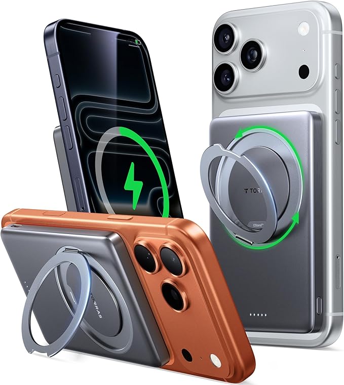 TORRAS Ostand MiniMag Power Bank, 5,000mAh Ultra Slim Wireless Portable Charger with Stand, Fast Charging for iPhone Magnetic Battery Pack for iPhone 17/Pro/Pro Max/16/15/14, Gray