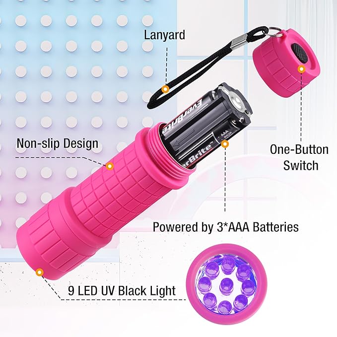 EverBrite UV Blacklight Flashlights 3-Pack Set, 9 LEDs 395nm Mini Black Light for Neon Glow Art, Class Teaching, Scorpions, Pets Stains Urine, 9 AAA Batteries Included