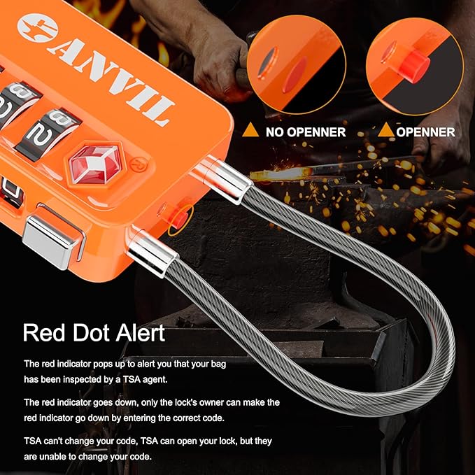 ANVIL TSA Locks for Luggage with Search Alert: Durable Cable Combination Locks, TSA Approved - Secure Travel Locks for Suitcases, Backpacks & Gun Cases (2, Orange)