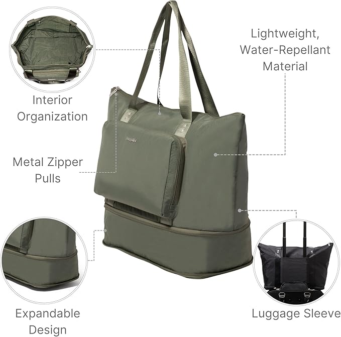 Baggallini Carryall Expandable Lightweight Travel Tote 22" Packable Folding Compact Nylon Washable Weekender w/Luggage Sleeve