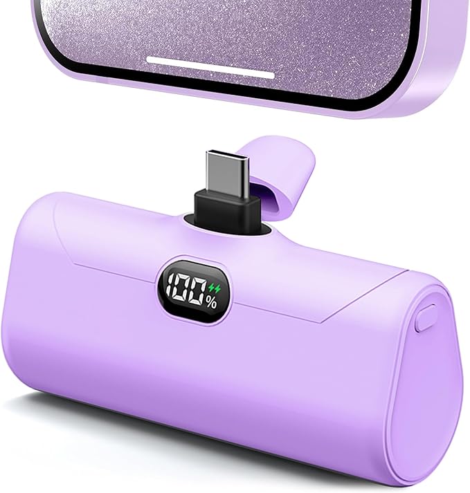 Handy Purple USB C Power Bank Portable Phone Charger With Stand, 5000mah Mini Battery Pack Backup Charger with Digital Display for iPhone 17/16/15 series, Littile Mobile Charger for Samsung/Google/LG