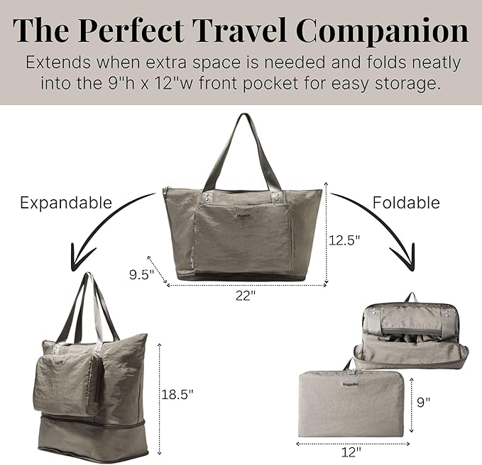 Baggallini Carryall Expandable Lightweight Travel Tote 22" Packable Folding Compact Nylon Washable Weekender w/Luggage Sleeve