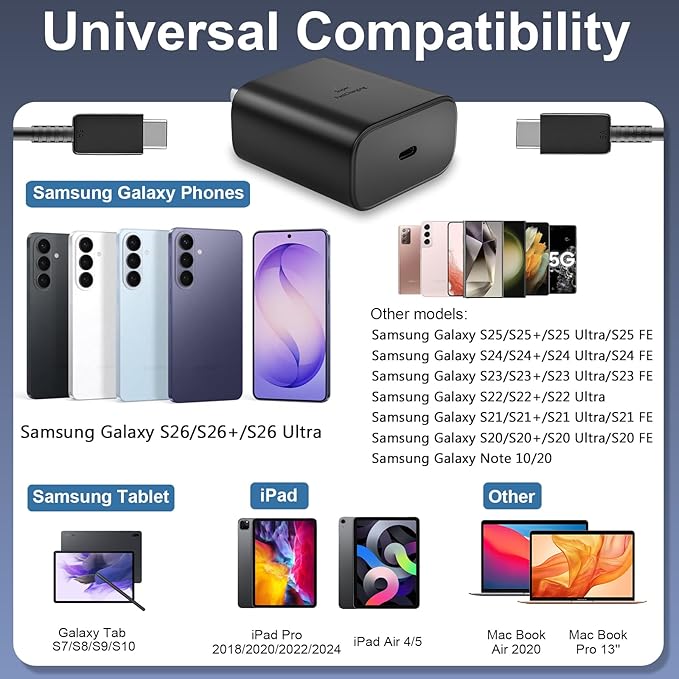45W Super Fast Charger USB Type C Charger Cord 6.6FT with Android Phone Charger Fast Charging Block for Samsung Galaxy S26/S26 Ultra/S26+/S25/S25 Ultra/S25+/S24/S23/S22/S20/S21/Note 20/Note 10, Black