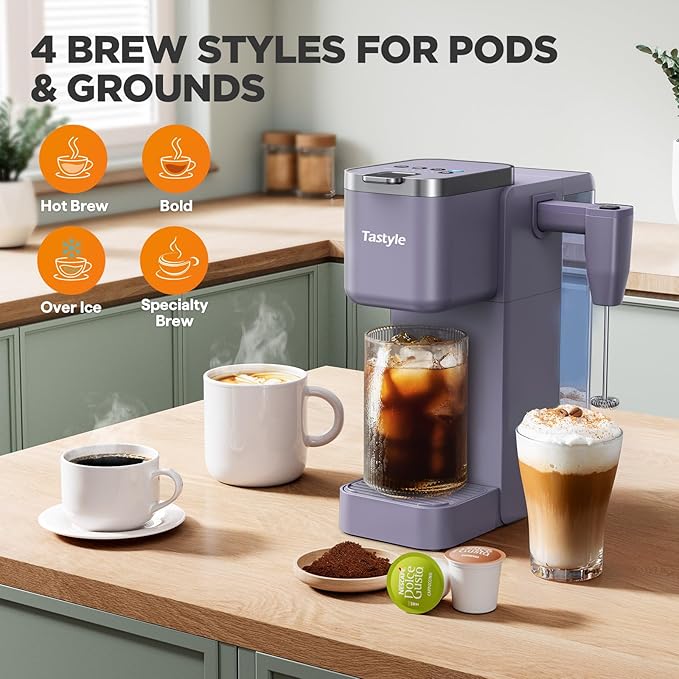 Tastyle Single Serve Coffee Maker with Built-in Detachable Milk Frother, Iced and Hot Coffee Machine for K Cup & Grounds, 40oz Removable Water Reservoir, 6 Cup Sizes, Fits 7.3" Travel Mug, Purple