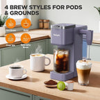 Tastyle Single Serve Coffee Maker with Built-in Detachable Milk Frother, Iced and Hot Coffee Machine for K Cup & Grounds, 40oz Removable Water Reservoir, 6 Cup Sizes, Fits 7.3" Travel Mug, Purple