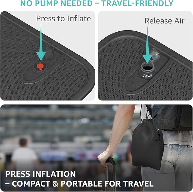 Inflatable Travel Seat Cushion for Airplane - Portable Air Cushion for Long Flights, Tailbone Pain Relief - Ergonomic Support for, Office Chair, Car, Wheelchair, Stadium
