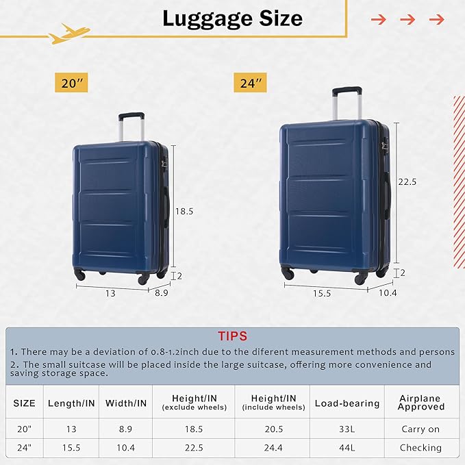 Luggage Sets, 2 Piece Carry on Luggage Set with Travel Bag, 2 Piece Expandable Spinner Hardshell Suitcase with TSA Lock, Back to School Suitcase, Women Men (Blue, (20/24) inch+2 bags)