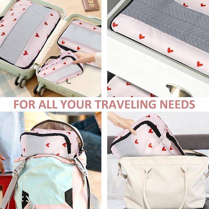 U+U 5 Set Packing Cubes for Travel Essentials Ultralight Luggage Packing Organizers with Laundry Bag and Shoe Bag for Vacation, Business Trip and Camping (Sweetheart Pink)