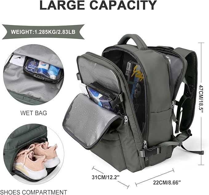 WONHOX Large Travel Backpack Women, Carry On Backpack,Hiking Backpack Waterproof Outdoor Sports Rucksack Casual Daypack with USB Charging Port Shoes Compartment, Dark Green