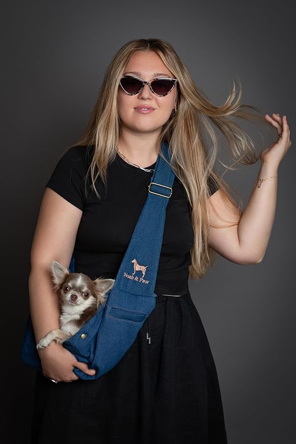 Noah & Paw Dog Sling Carrier for Small Dogs 3-10lb, Dog Sling for Small Dogs and Cats, Dog Carrier with Adjustable Padded Strap, Premium Denim, Lined with Fur, Double Safety Feature, Machine Washable