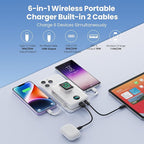 6 in 1 Magnetic Portable Charger for iPhone with Built-in Cables, 10800mAh 25W PD Fast Charging Power Bank, 6 Outputs Travel Essential Battery Pack for iPhone 17/16/15/14/13/12,Apple Watch (White)