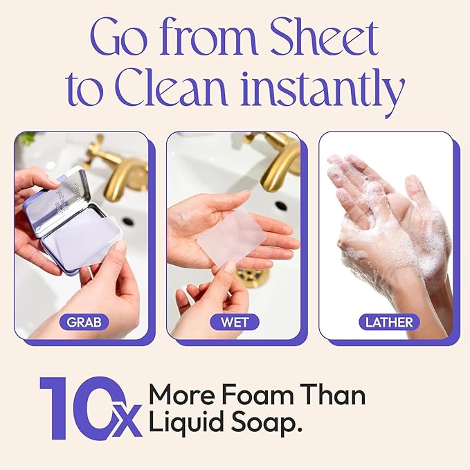 FOMIN - Antibacterial Paper Soap Sheets for Traveling - 300 Lavender Portable Hand Soap Sheets for Travel in Tin - Dissolvable Mini Portable Travel Soap Sheet for Hand Washing, Camping and Hiking