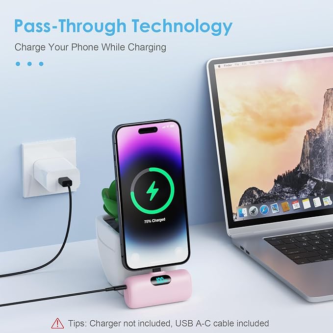 Mini Portable Charger USB C Power Bank,Upgraded 5000mAh PD Fast Charging Battery Pack Built-in USB-C Connector Travel Essential for iPhone17/17Pro/17Pro Max/Air/16 Plus/16Pro Max/15 Series,Android etc