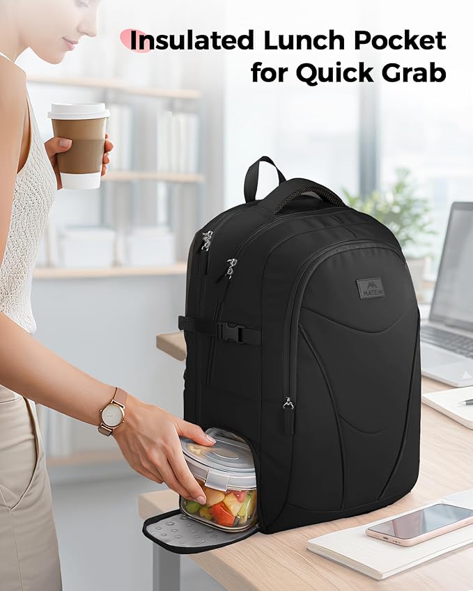 MATEIN HER Work Backpack with Lunch Compartment, Water Resistant Laptop Backpack for Office Commute with Water Bottle Holder & RFID Pocket, Teacher Nurse Travel Bag Fits 17.3'' Computer, Black