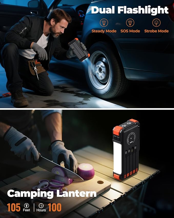 BLAVOR Solar Power Bank with Hand Crank and 4 Cables, 20000mAh Wireless Portable Charger with USB C & Camping Light, 20W Fast Charging Battery Pack for iPhone, iPad, Samsung, All Mobile Phones