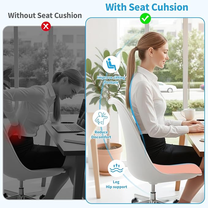 TranquilRelax XLarge Seat Cushion, Memory Foam Cushion for Long Sitting Hours on Office Chair, Home & Car, Non-Slip Chair Pad for Relieving Back & Sciatica & Hip & Coccyx Pain (Pink)