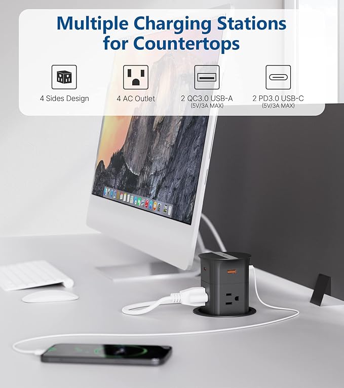 Pop Up Outlet for Countertop,Recessed Power Strip,Power Grommet 3.15 inch Desk Hole Insert,20W USB C,2 Outlets,2 USB C/2 USB A, Table Outlet,Desk Charging Station (Black, 3FT)