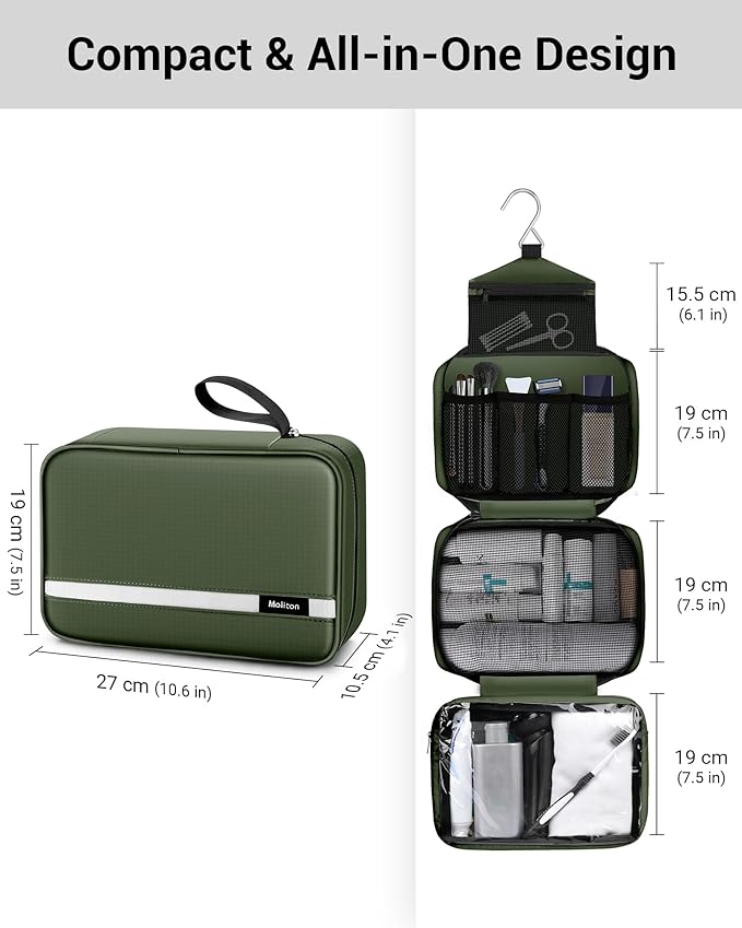 Maliton Toiletry Bag for Men & Women Travel Toiletry Bag Hanging Toiletry Bag Hygiene Organizer with 4 Compartments Waterproof Bathroom Shower Bag Large Toiletries Travel Bag (Olive Green)