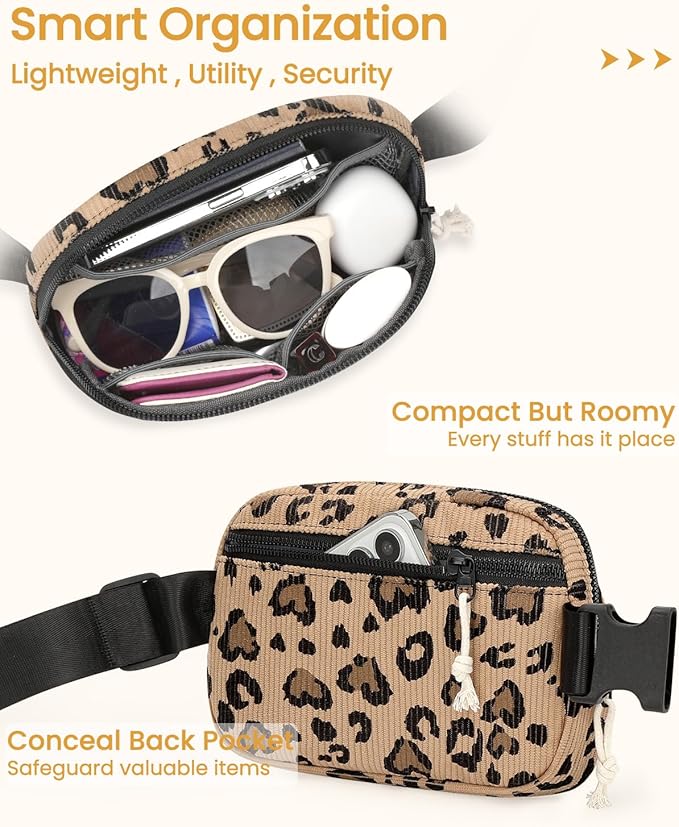 Vankor Cute Leopard Fanny Packs for Women Cross Body Corduroy, Leopard Belt Bag for Women Crossbody Stylish Waist Pack Purse for Travel, Hiking, Workout, Running