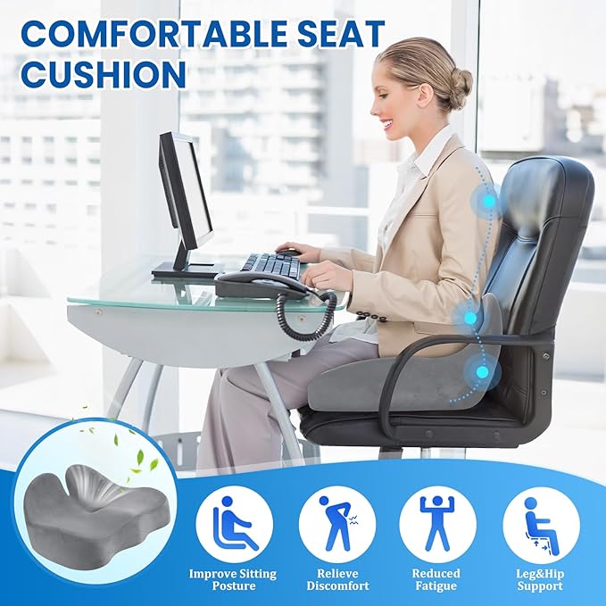 CushZone Seat Cushion, Memory Foam Office Chair Seat Cushion for Office Chairs/Car/Long Trip/Desk Chair/Gaming, X-Large Size for Sciatica & Hip & Tailbone Pain Relief, Sciatica Support (Light Gray)