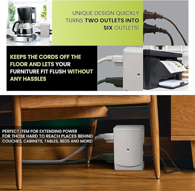 Go Green Power Inc. 6-Outlet Side Mount Wall Tap Adapter, White - Unique Space-Saving Design, Heavy Duty, Versatile - Perfect for Tight Spaces and Home Use - GG-16000TSM