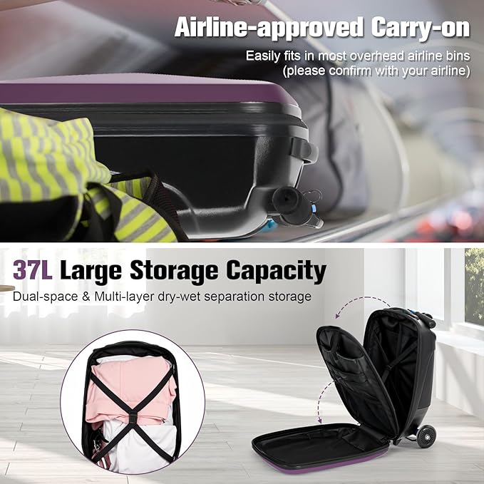 smilesun Scooter Luggage For Kids & Adults， Hardside Ride On Suitcase For Kids Ages 4-15 Multifunctional Lightweight Foldable Carry On Luggage With Wheels Ride On For Children Teenagers（Purple）