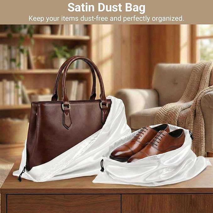 Q&J Fabric Co. 6 Pack Satin Dust Bags for Purses and Handbags - Purse Storage Organizer with Drawstring, Dustproof Travel Storage Pouches for Handbags, Shoes, Boots & Clothes (15.7"x19.7", White)