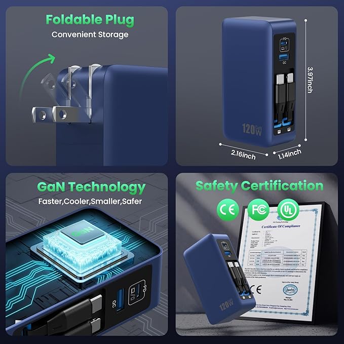 120W USB C Charger Block with 2 Built-in Retractable Cables,4-in-1 GaN IV Foldable Plug Wall Charger Fast Charging Station,PD 65W Laptop Adapter for Macbook/iPad,iPhone 17/16/15/14,Android (Dark Blue)