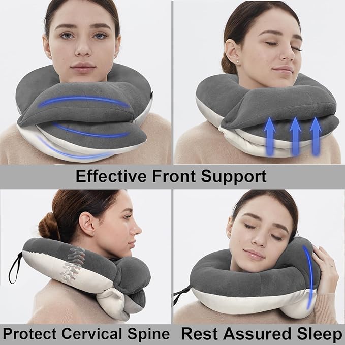 BUYUE Travel Neck Pillows for Airplanes, Memory Foam 360° Head Support Sleep for Long Flight, Skin-Friendly & Breathable, Kit with Eye Mask, Earplugs and Storage Bag (Adult, Grey, 90+ lbs)