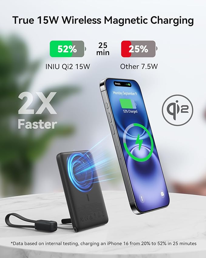 INIU Magnetic Portable Charger, Slim Qi2 Certified 5000mAh 20W Magnetic Power Bank, USB C in&Out Wireless Battery Pack Phone Charger, Only for iPhone 16/15/14/13/12 Series, Blue