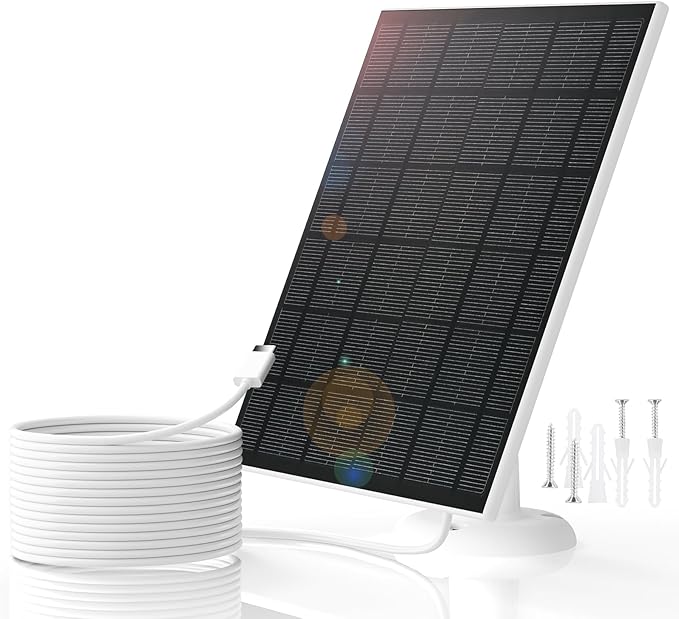 7W Solar Panels for Smart Security Camera, Solar Panel with Micro USB & USB-C Port for DC 5V Outdoor Rechargeable Battery Camera, IP65 Waterproof, 360° Adjustable Security Mount，White